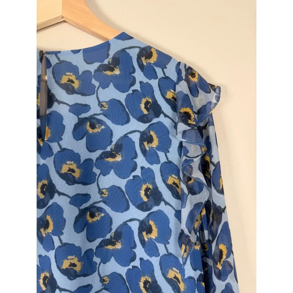 Carolina Herrera Floral Silk Chiffon Ruffle A-Line Mini Dress Blue Print Size 10 - Picture 12 of 15